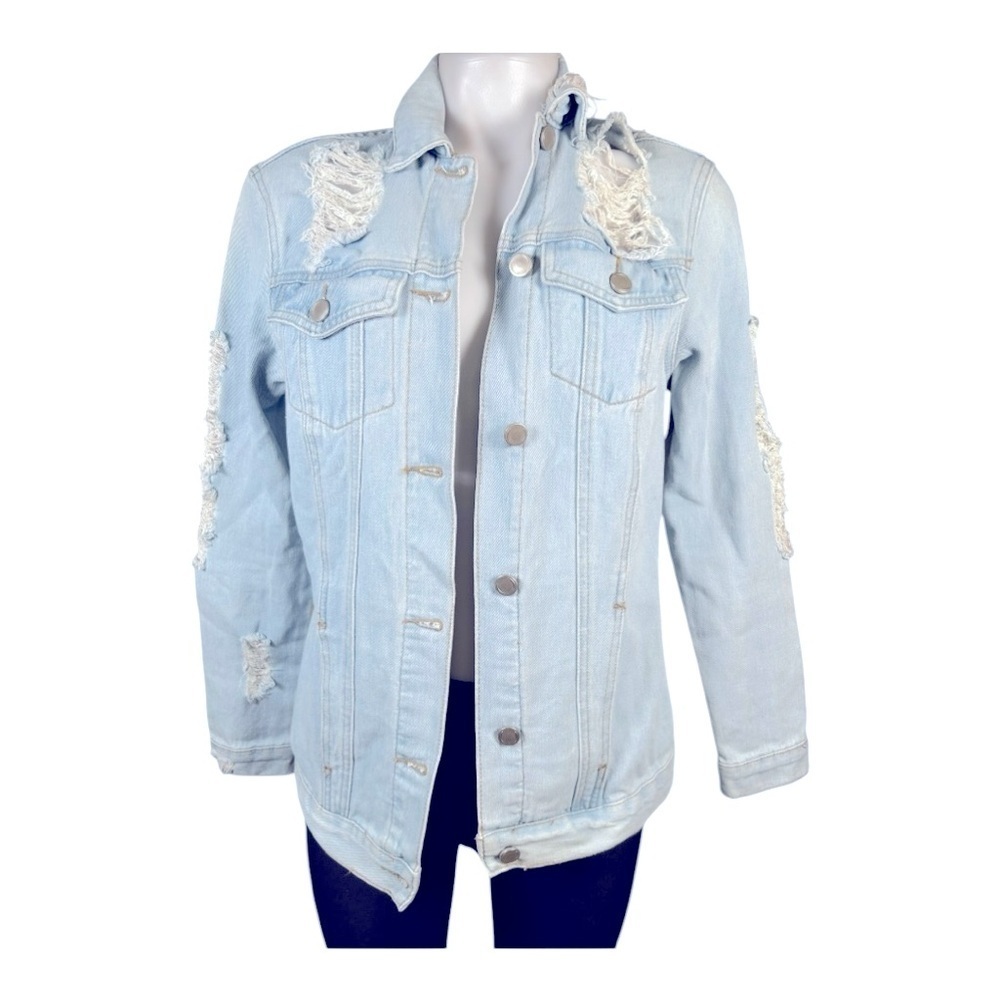 FASHION NOVA Distressed Light Blue Denim Jacket size XS oversized pre-loved - Picture 5 of 14